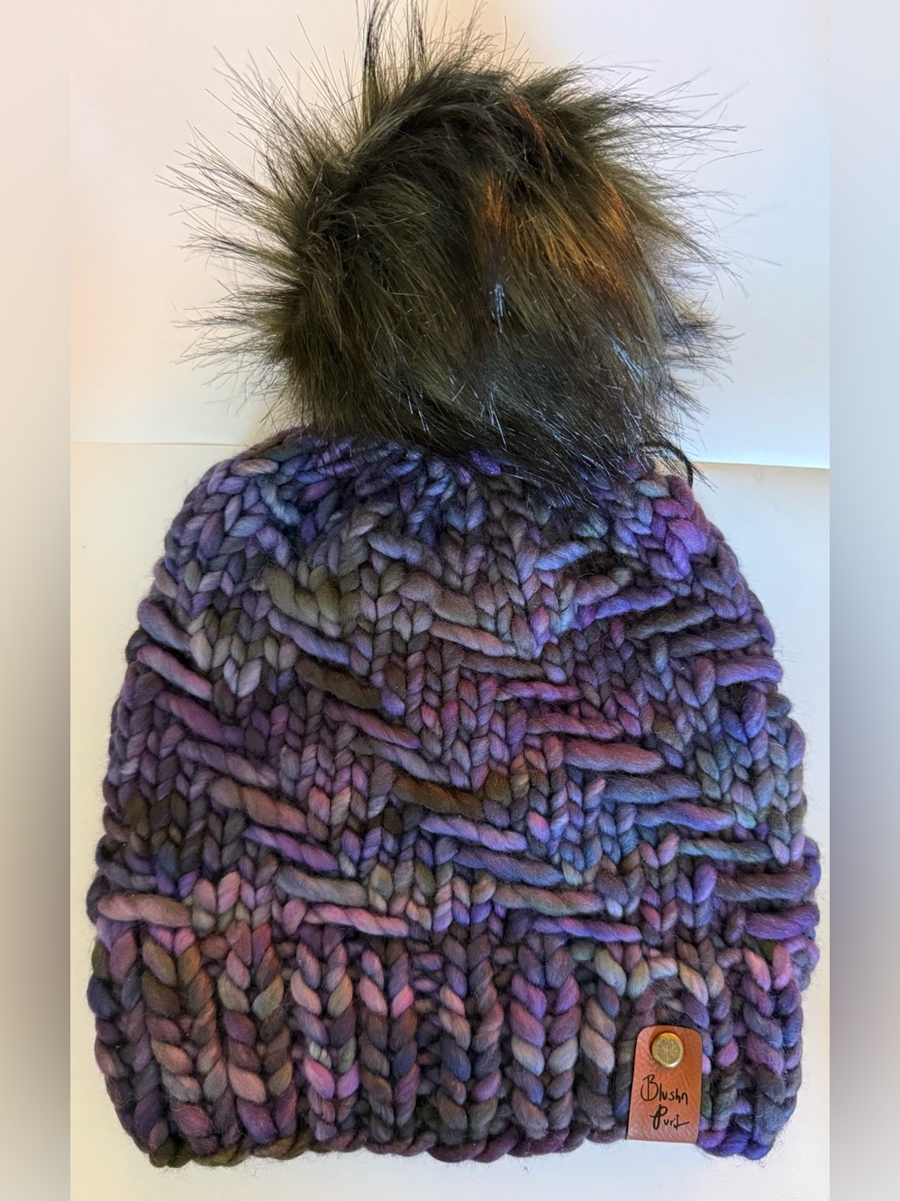 Blush Purple Multitone Chunky Knit Beanie with Faux Fur Pom